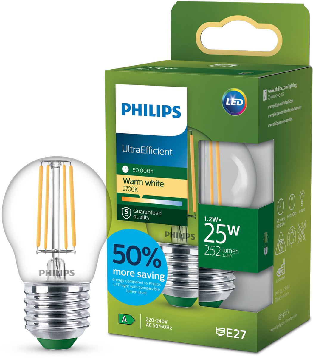 Philips led philips ultraefficient led lamp - 25w - e27 fitting - warmwit licht: 2700k - helder glas - p45 kogellamp - lange levensduur