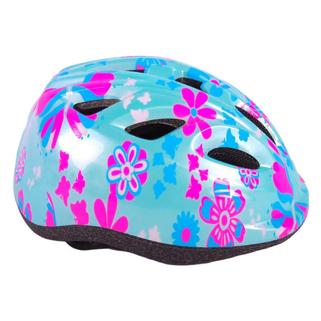 Volare Kinderfahrradhelm – XS – blaue rosa Blumen – 47–51 cm – extra kleines Modell