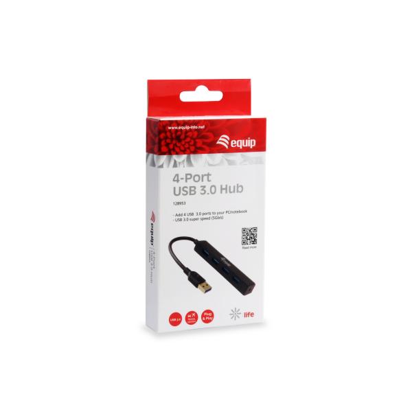 Equip 128953, 4-Port-USB-Hub, USB 3.2 Gen 1 Typ-A, 5000 Mbit/s, Schwarz