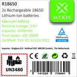 Woox r18650 ist ein Set aus 2 wiederaufladbaren Lithium-Ionen-Batterien vom Typ 18650