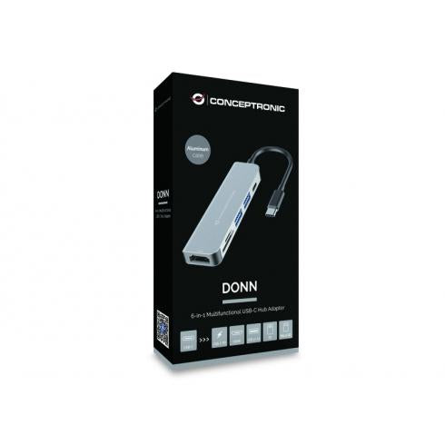 Conceptronic donn02g 6-in-1 multifunktionaler USB-Hub-Adapter, USB 3.2 Gen 1 Typ-C, HDMI, 5 Gbit/s, Aluminium