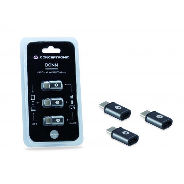 Conceptronic donn05g USB-C-auf-Micro-USB-OTG-Adapter 3er-Pack, USB 2.0 Typ-C Micro, männlich weiblich, schwarz