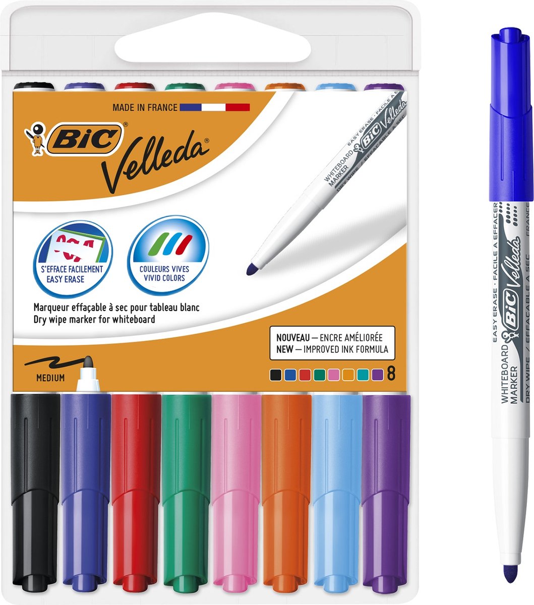 Bic velleda Whiteboard-Marker mit Etui – verschiedene Farben – 8 Stück
