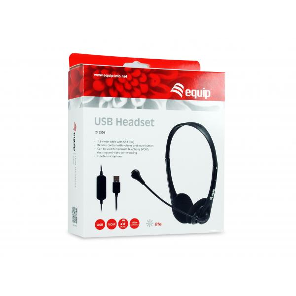 Equip 245305 USB-Headset, Headset, Kopfband, Büro-Callcenter, schwarz, binaural, Inline-Steuerung u