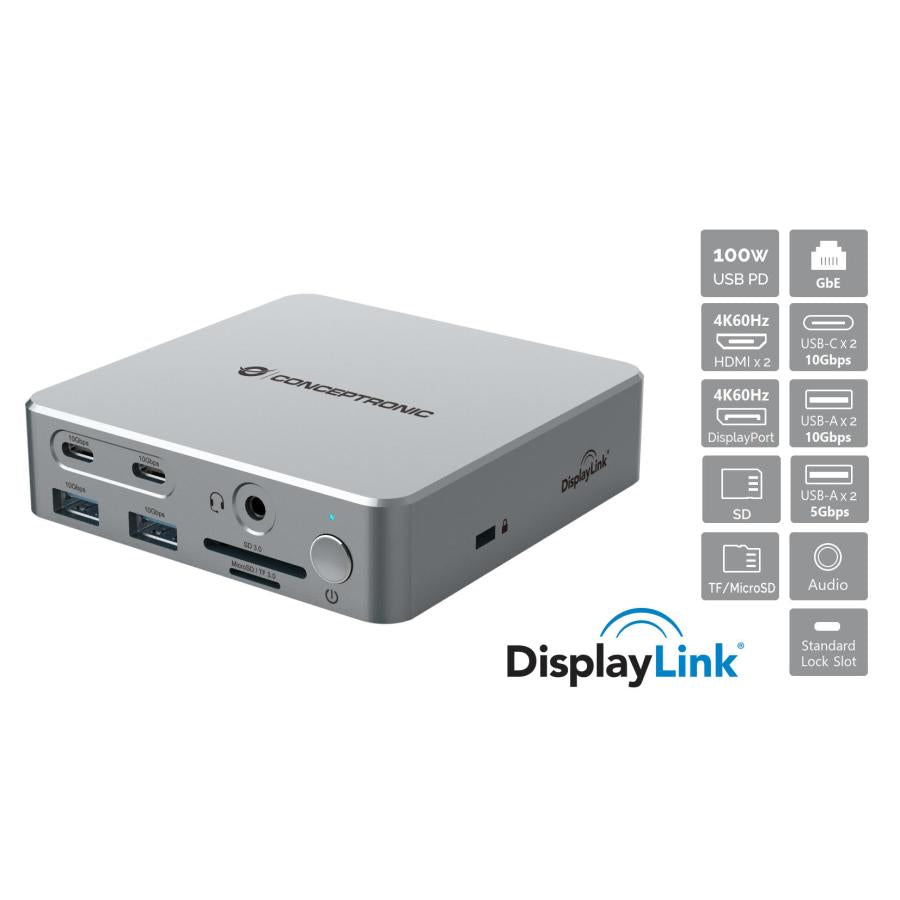 Conceptronic donn25g 15-in-1 Display Link USB 3.2 Gen 2 Dockingstation, Typ-C 10 Gbit/s, USB-A x2