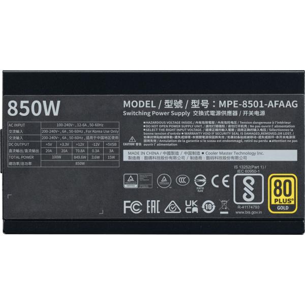 Cooler Master mpe-8501-afaag-3eeu mwe gold 850 v2 atx3.1 schwarz, 850 W, 90 % @typ, 120 mm, 4x PCIe 6+2