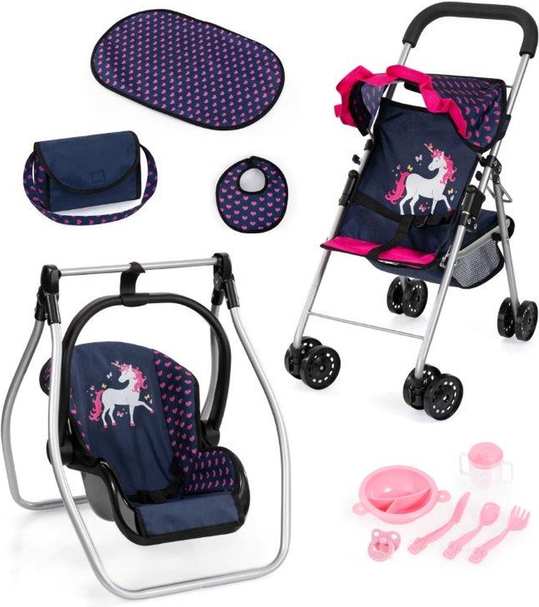 Bayer Design faltbarer Puppenbuggy, Puppenwagen, Doppelräder, Tasche, Wickelauflage, Wiege, Zubehör