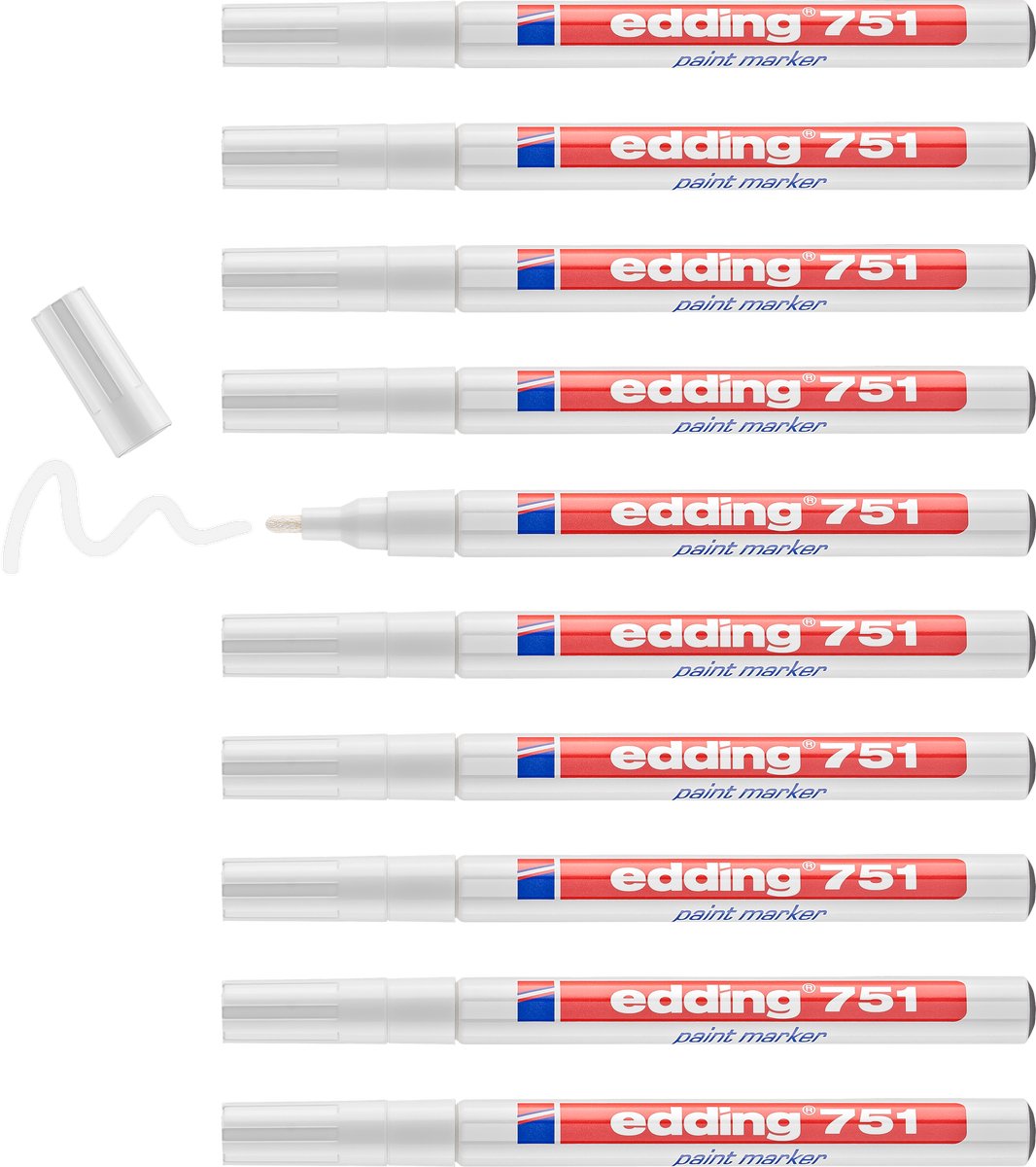 Edding 751 Lackmarker weiß - hitzebeständig bis 1000 °C - Rundspitze 1-2 mm - Box à 10 Stück - Lackstift zum Markieren und Beschriften von Metall, Glas, Stein oder Kunststoff - permanent, wisch- und wasserfest