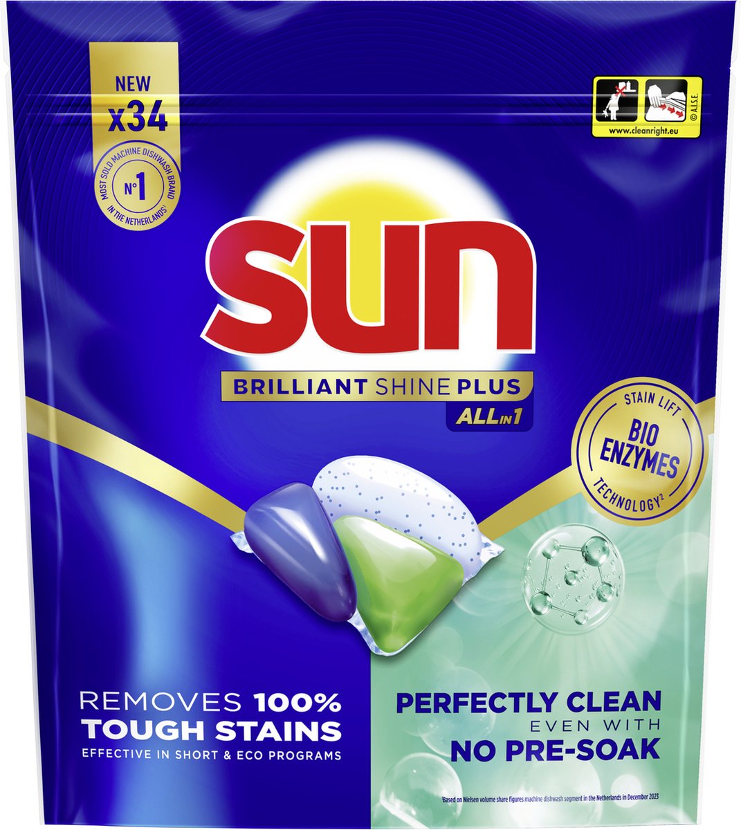 Sun - vaatwastabletten- brilliant shine plus - all-in 1 - 34 capsules - voordeelverpakking