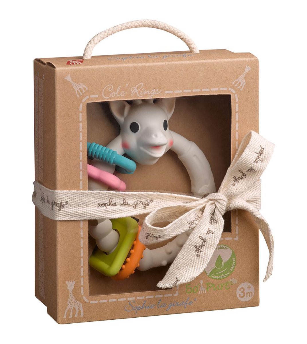 Farbringe Sophie die Giraffe – Beißring – Babyspielzeug – Mutterschaftsgeschenk – Geschenk zur Babyparty – 100 % Naturkautschuk – in recycelter Geschenkbox mit Schleife aus Bio-Baumwolle – ab 0 Monaten
