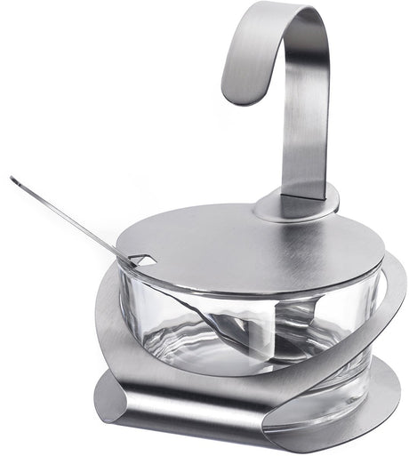 Westmark Käse- und Zuckerdose, mit Halter, Deckel und Löffel, 4-teilig, Fassungsvermögen: 150 ml, Edelstahlglas, weiß, silber transparent, 65112260