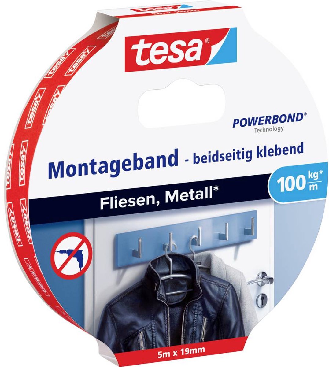 Tesa Powerbond-Serie – doppelseitiges Montageband – 5 m x 19 mm – für Fliesen und Metall
