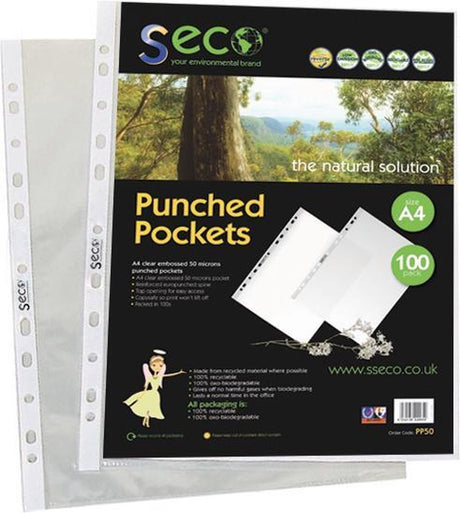 Seco Einsteckmappe A4 – 11-Loch – PP 50 Mikron – transparent – 50 Stück – umweltfreundlich – 50