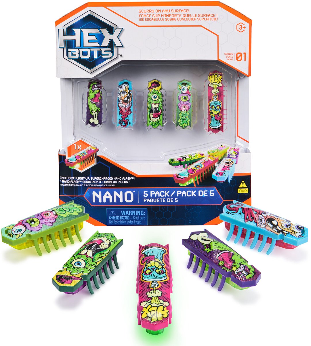 Hex Bots Nano 5er Pack, 4 Nano Bots mit extra Flash Nano, sensorisches Spielzeug für Kinder und Katzen mit Vibrationstechnologie, Insekten- und Mini-Roboterspielzeug