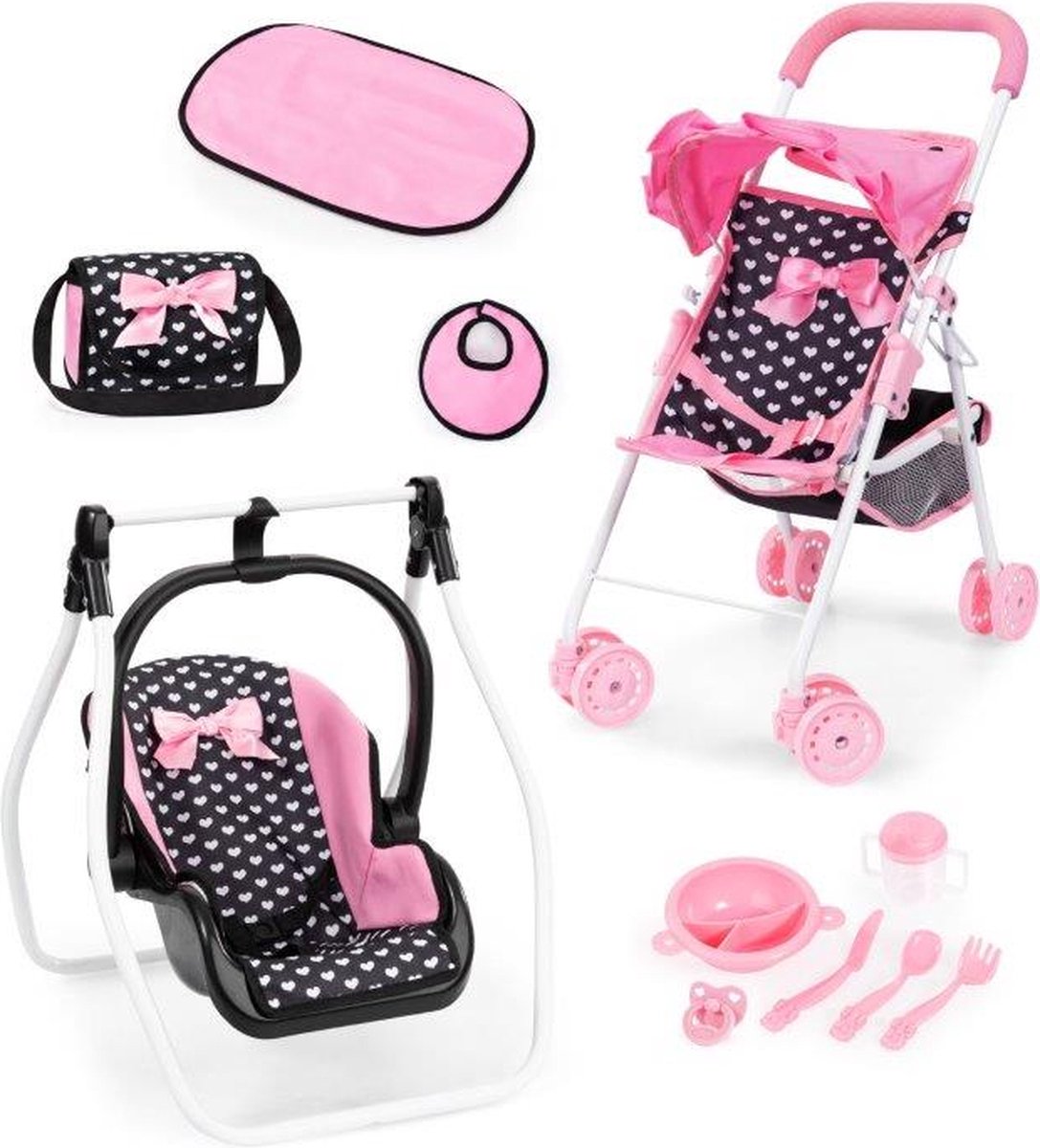 Bayer Design faltbarer Puppenbuggy, Puppenwagen, Doppelräder, Tasche, Wickelauflage, Wiege, Zubehör