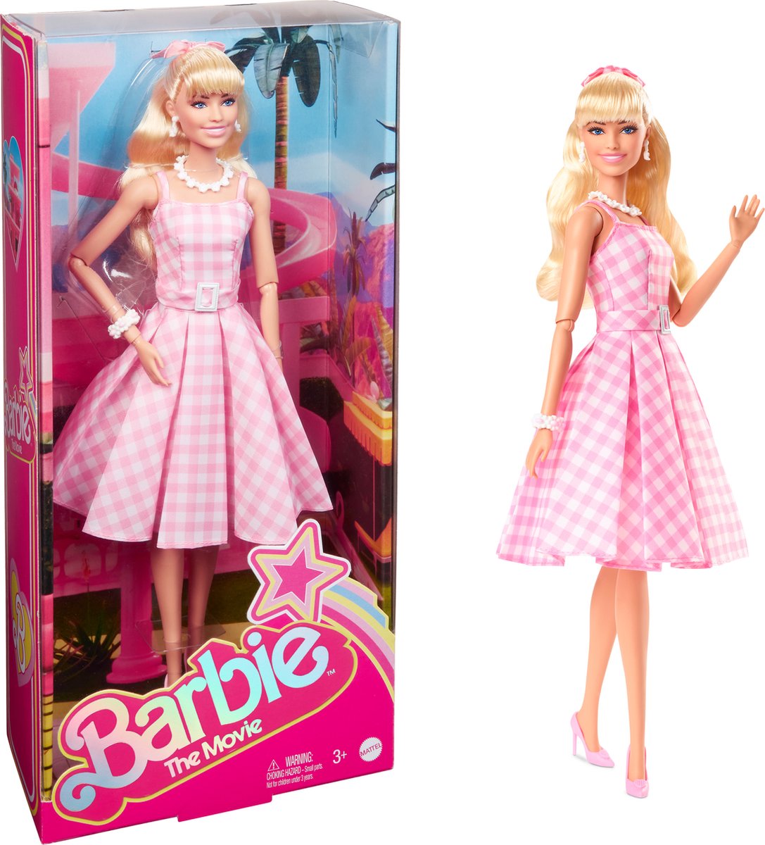 Barbie, die Filmpuppe – Margot Robbie – rosa-weiß kariertes Kleid – 33 cm – Filmpuppe