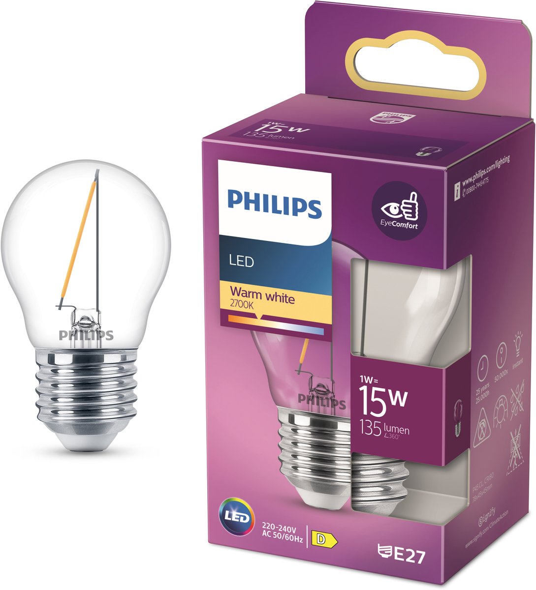 Philips led lamp - kogellamp met e27 fitting - warmwit licht: 2700k - 15w - helder glas