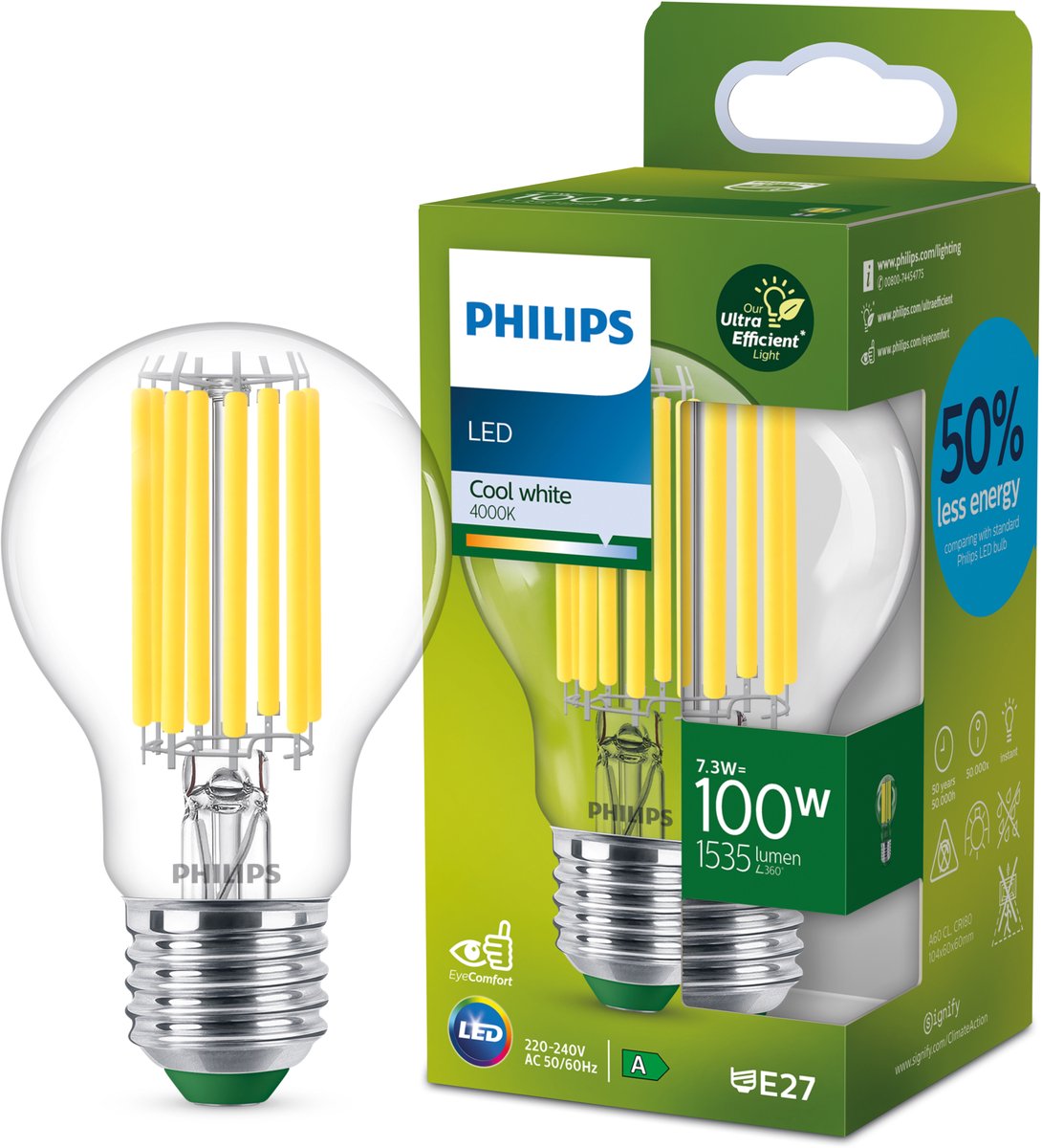 Philips led philips ultra efficient led lamp transparant - 100 w - e27 - koelwit licht