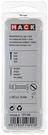 Mack 1017489 - metaalschroef verz. kop + moer verz. 27st m3 x 16 mm | 10 stuks