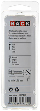 Mack 1017498 - metaalschroef verz. kop + moer verz. 4 st m4 x 70 mm | 10 stuks