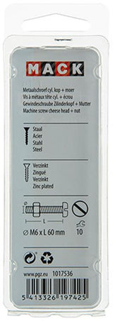 Mack 1017536 - metaalschroef cyl. kop + moer verz. 4 st m6 x 60 mm | 10 stuks