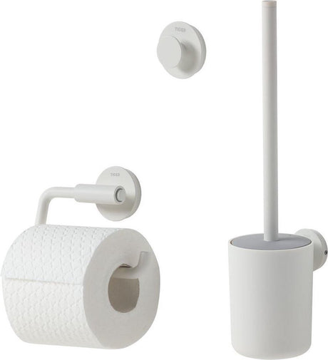 Tiger Urban Toilettenzubehörset – Toilettenbürste mit Halter – Toilettenpapierhalter ohne Klappe – Handtuchhaken – Weiß