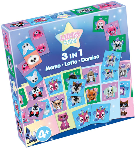 Tactic Lumo Stars 3-in-1 Spielesammlung – Kartenspiel – Lotto – Domino – Memo – Kinderspiel ab 4 Jahren