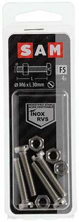 Mack 1019830 - metaalschroef cyl. kop + moer rvs 4 st m6x30 | 10 stuks