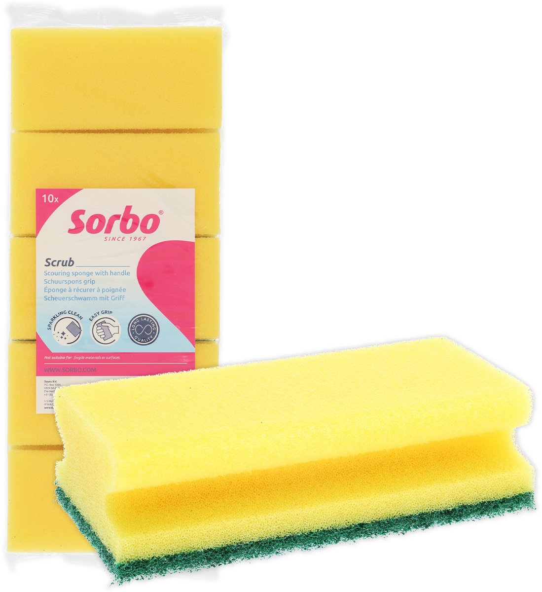 Sorbo Scheuerschwamm mit Griff – 10 Stück – Reinigungsschwamm für Fett, Schmutz und Kalk – Viskose