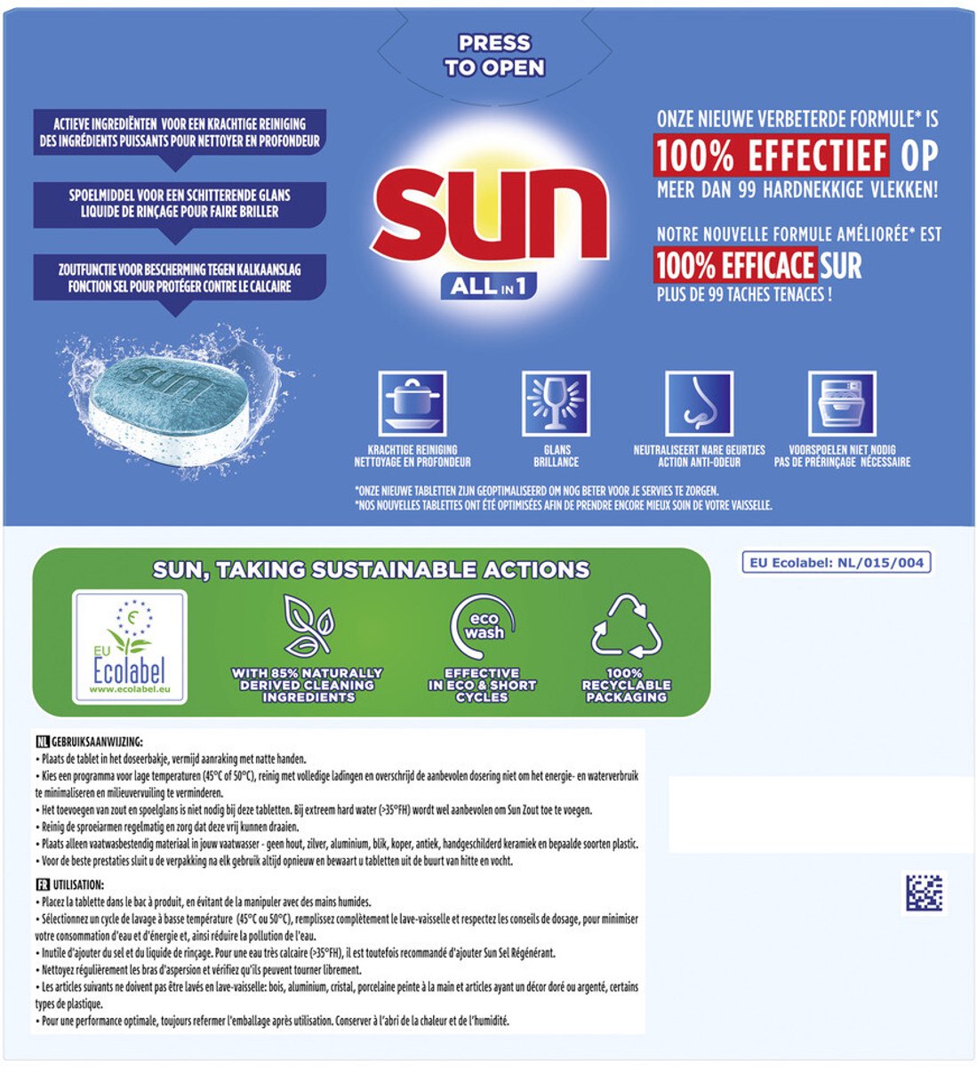 Sun all-in 1 vaatwastabletten - citroen - reinigt en beschermt pannen in de vaatwasser - 60 tabletten