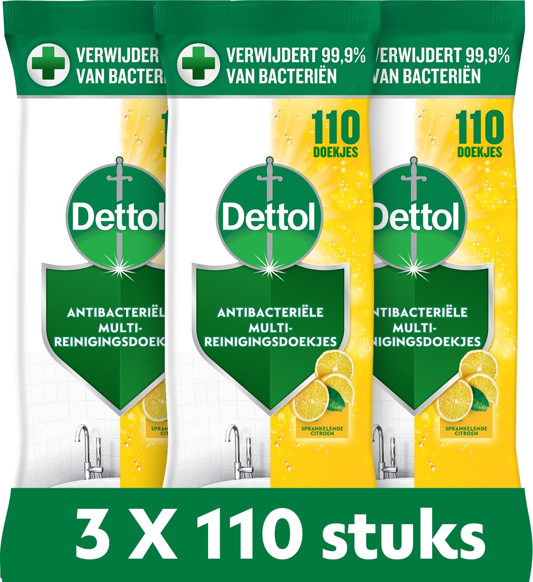 Dettol antibacteriële schoonmaakdoekjes - sprankelende citroen - 110 x 3 stuks - voordeelverpakking
