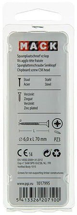 Mack 1017995 - spaanplaatschroef vz kop geelverz. 12st 6,0 x 70 mm | 5 stuks