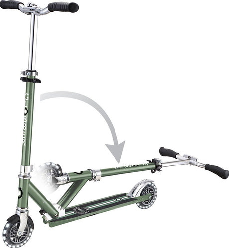 Globber Kinderroller - Flow - Green Chrome - leuchtende Räder - faltbar - ab 5 Jahren