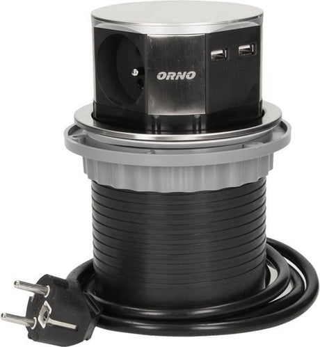 Orno Pop-Up-Steckdosenleiste – 3-fach Steckdosenleiste – Steckdosenleiste mit zwei USB-A-Ladepunkten – Edelstahl