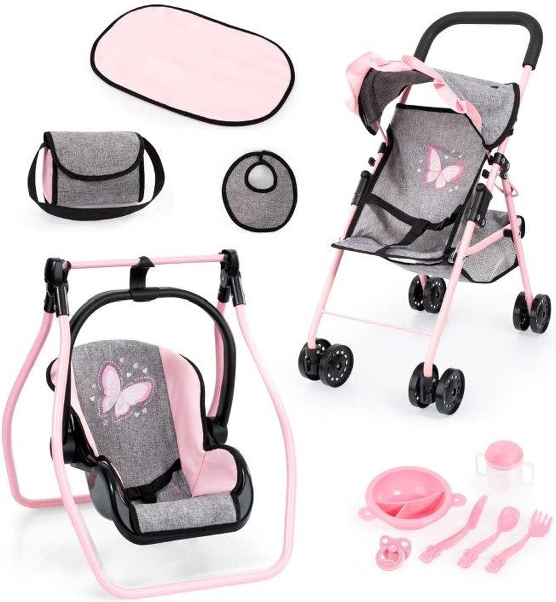 Bayer Design faltbarer Puppenbuggy, Puppenwagen, Doppelräder, Tasche, Wickelauflage, Wiege, Zubehör in Jeansgrau, Pink
