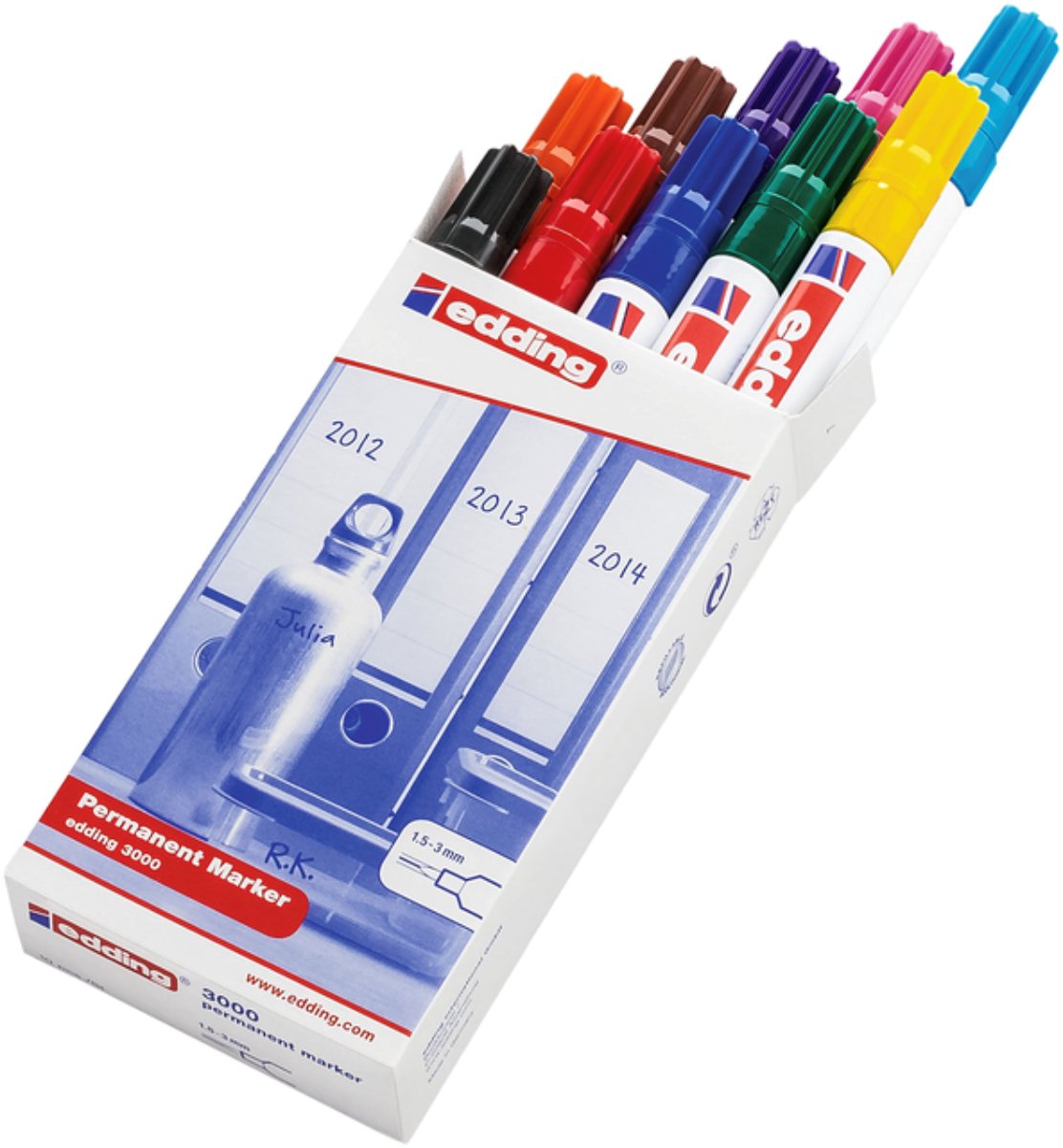 Edding 3000 Permanentmarker – 10 Farben – 10 Marker – Rundspitze 1,5–3 mm – wasser- und reibfest – für Karton, Kunststoff, Holz, Metall usw. – Alkoholmarker für Erwachsene