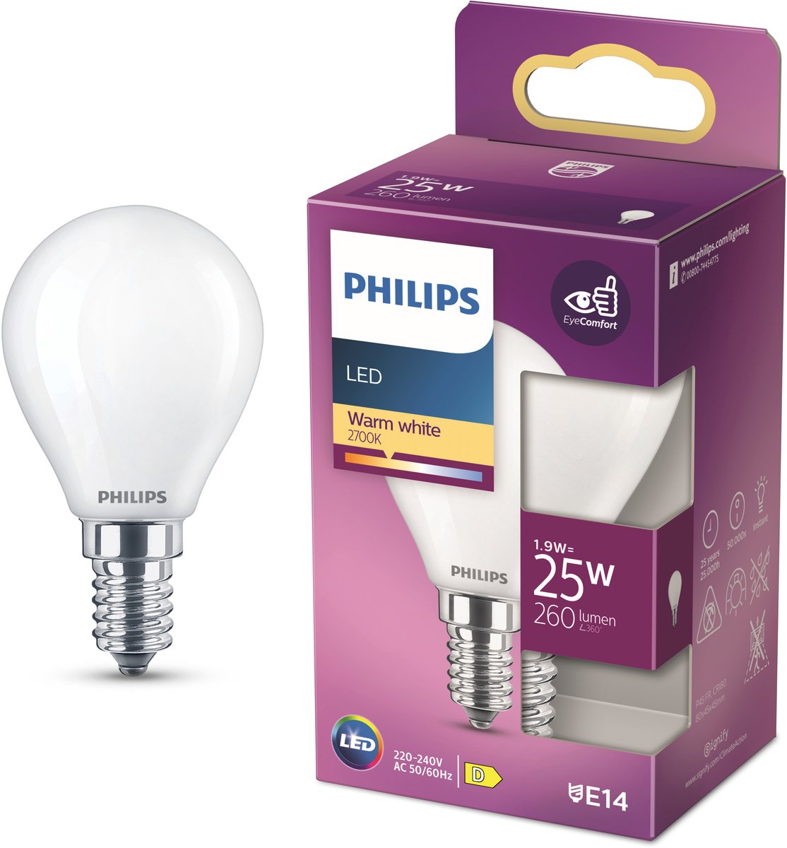 Philips led lamp - kogellamp met e14 fitting - warmwit licht: 2700k - 25w - mat glas