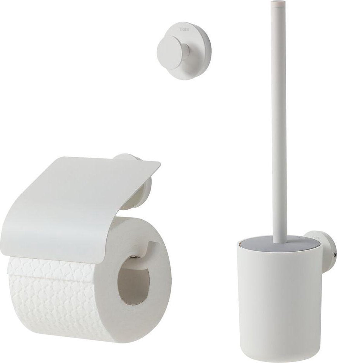 Tiger Urban Toilettenzubehörset – Toilettenbürste mit Halter – Toilettenpapierhalter mit Klappe – Haken – Weiß