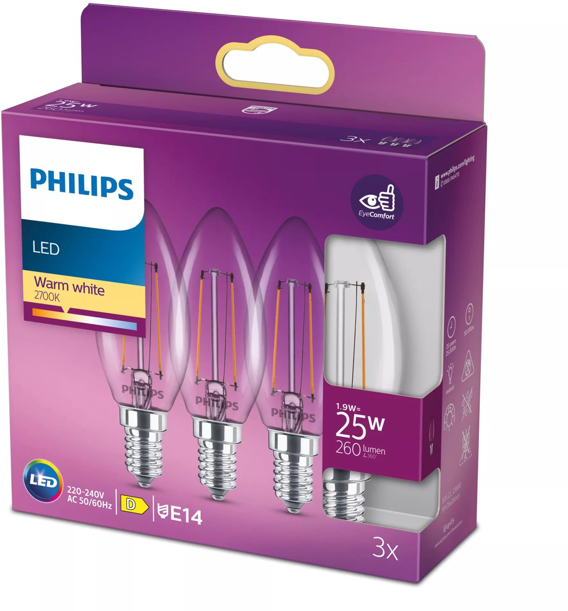 Philips led lamp - kaarslamp met e14 fitting - warmwit licht: 2700k - 25w - helder glas - 3-pack