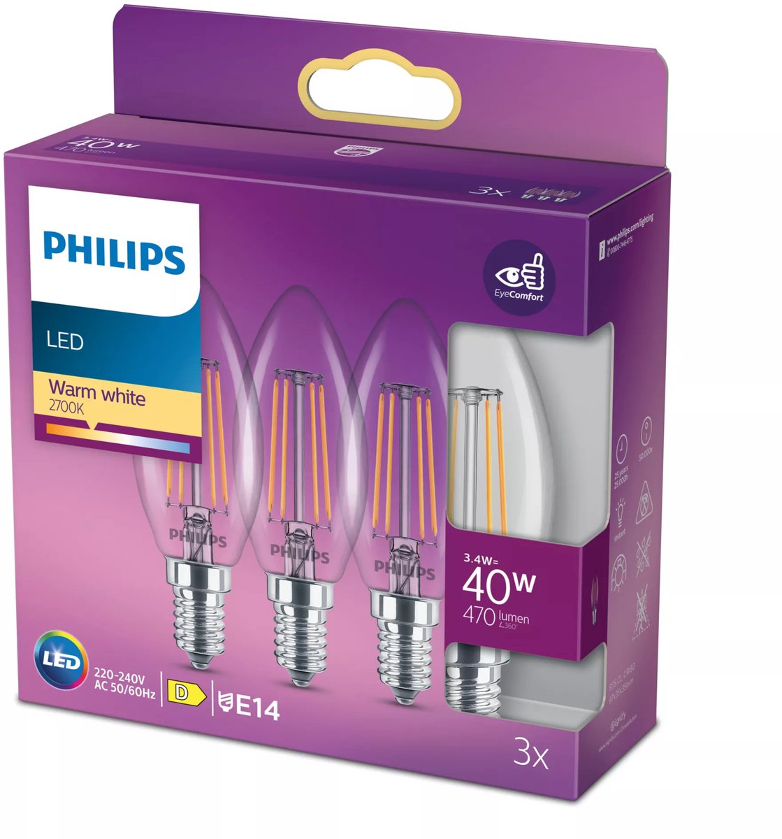 Philips led lamp - kaarslamp met e14 fitting - warmwit licht: 2700k - 40w - helder glas - 3-pack