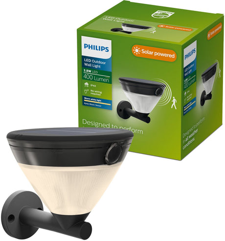 Philips led philips kyna solar wandlamp - zonne-energie - warmwit licht: 2700k - zwart - twee lichtstanden - schemersensor - bewegingssensor - ip44: weerbestendig - solar buitenverlichting