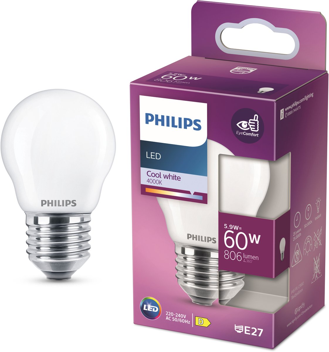 Philips led lamp - kogellamp met e27 fitting - koelwit licht: 4000k - 60w - mat glas