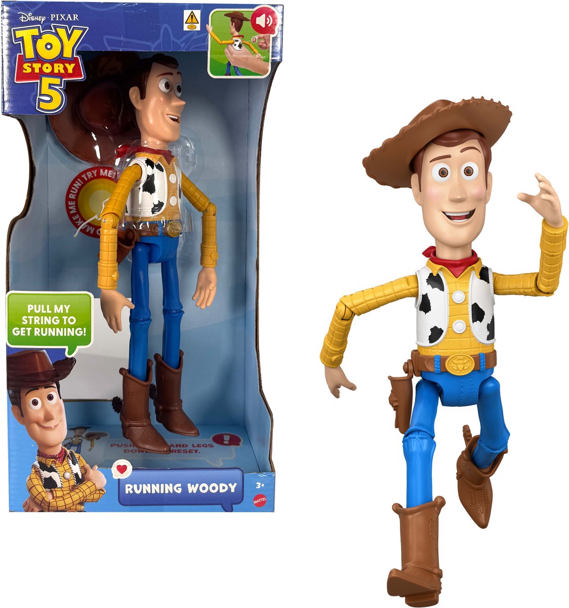 Mattel Disney und Pixar Toy Story 5 Running Woody Actionfigur von 30 cm – mehr als 50 Geräusche – Französisch