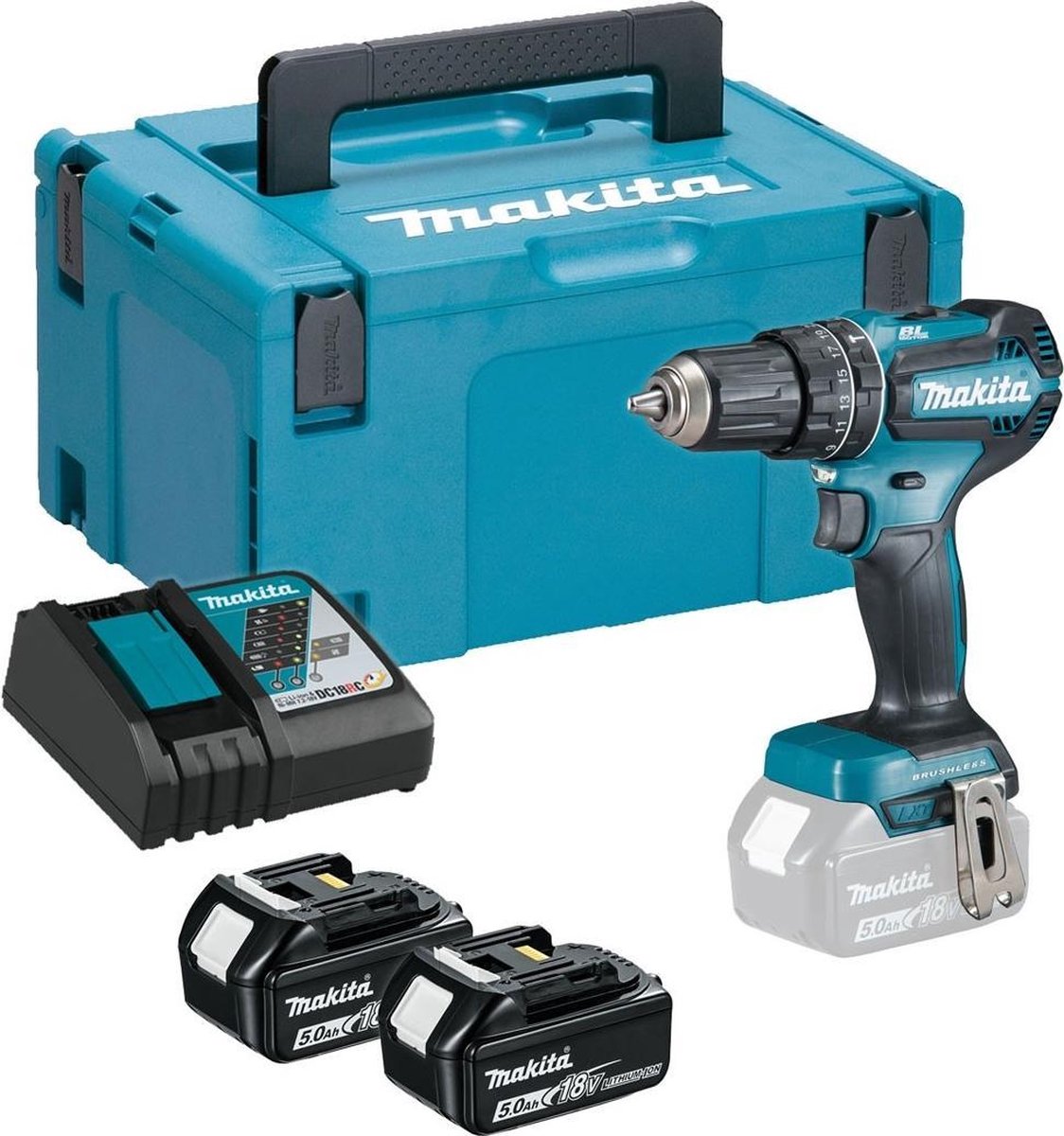 Makita dhp485rtj | lxt klopboor- en schroefmachine 18v brushless in mbox (2x 5.0ah accu + snellader) - dhp485rtj