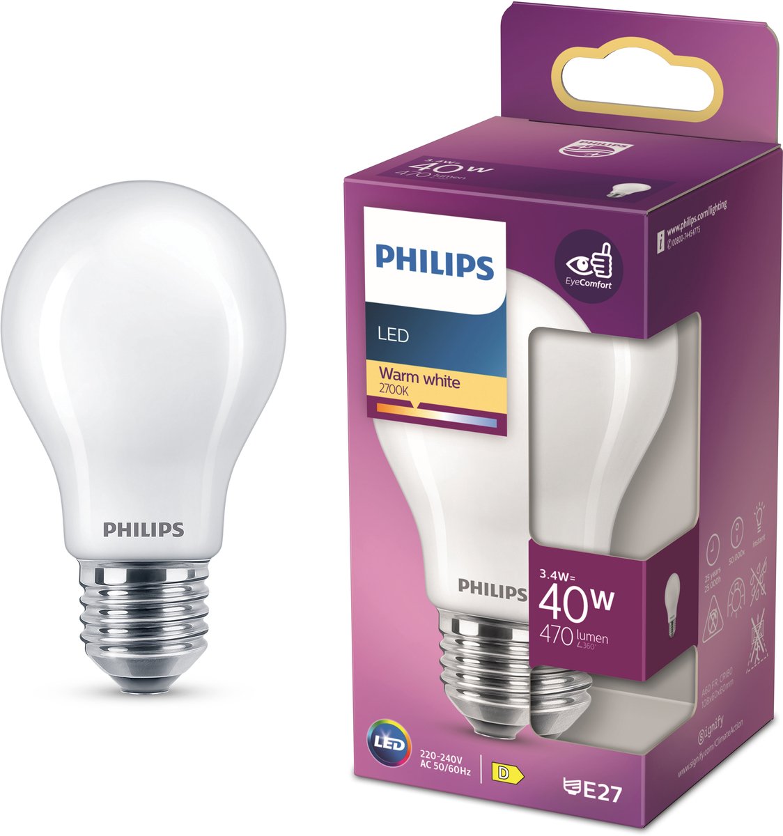 Philips led lamp - standaard lampvorm met e27 fitting - warmwit licht: 2700k - 40w - mat glas