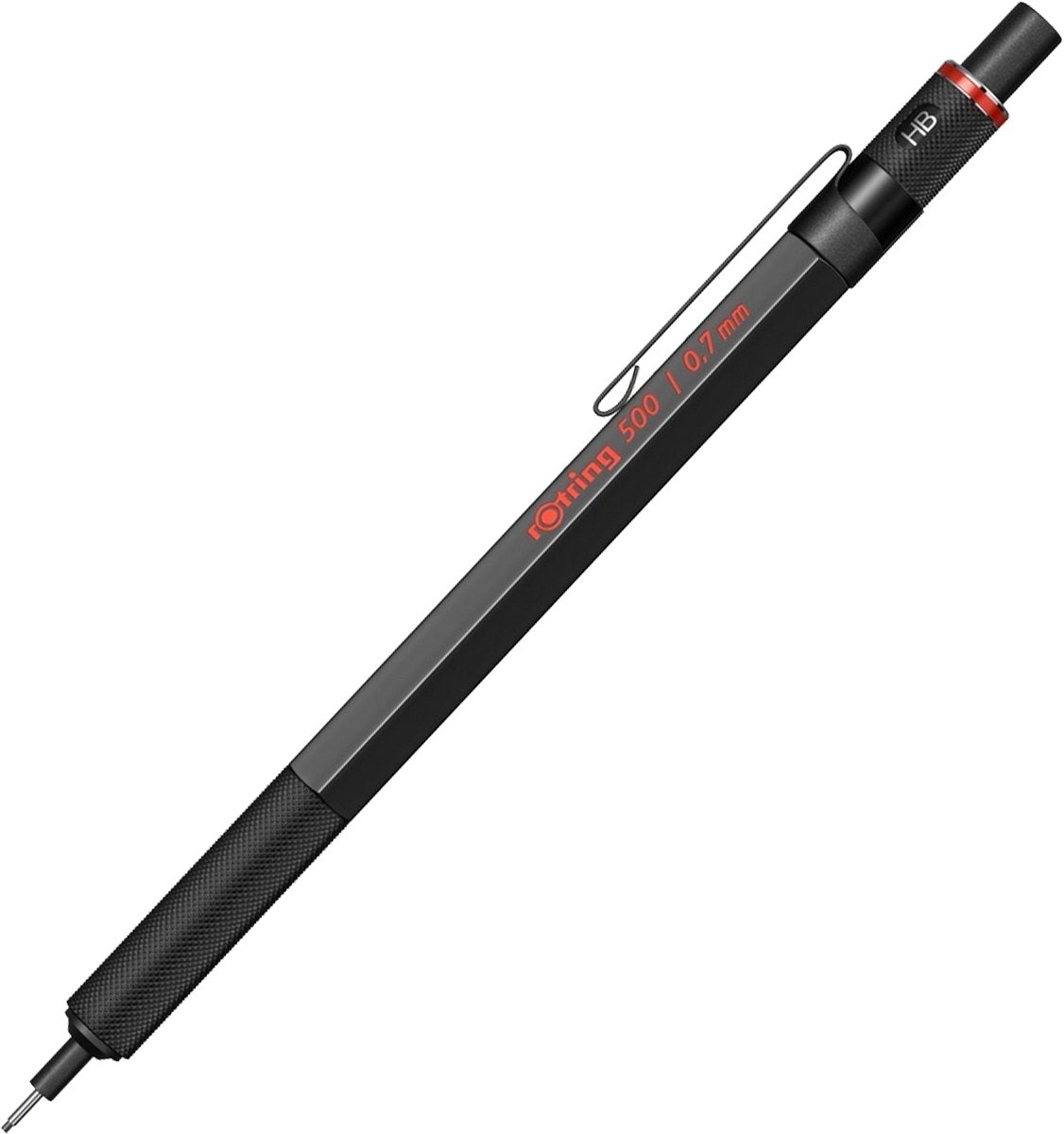 Rotring 500 Druckbleistift | 0,7 mm HB-Stift | schwarzes sechseckiges Kunststoffgehäuse und rutschfester strukturierter Metallgriff