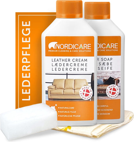 Nordicare Lederpflegeset (250 ml) für Auto, Sofa und Möbel, Lederreiniger zur Lederpflege, Lederpflegeset, Lederreinigung, Lederpflege Sofa, Lederreiniger, Lederpflege Auto