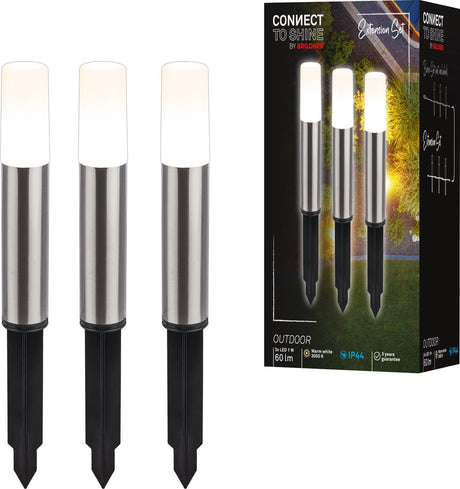 Briloner connect to Shine – LED-Wegbeleuchtung – 3er-Set – Gartenbeleuchtung-Erweiterungsset – Sockellampe – IP44 – warmweißes Licht – ø4x36 cm
