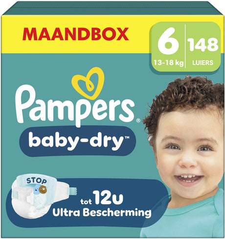 Pampers Baby-Dry Größe 6 – 148 Windeln – 13 kg–18 kg – Monatsbox