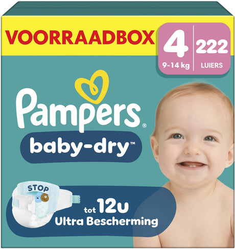 Pampers Baby-Dry Größe 4 – 222 Windeln – 9 kg–14 kg – Aufbewahrungsbox